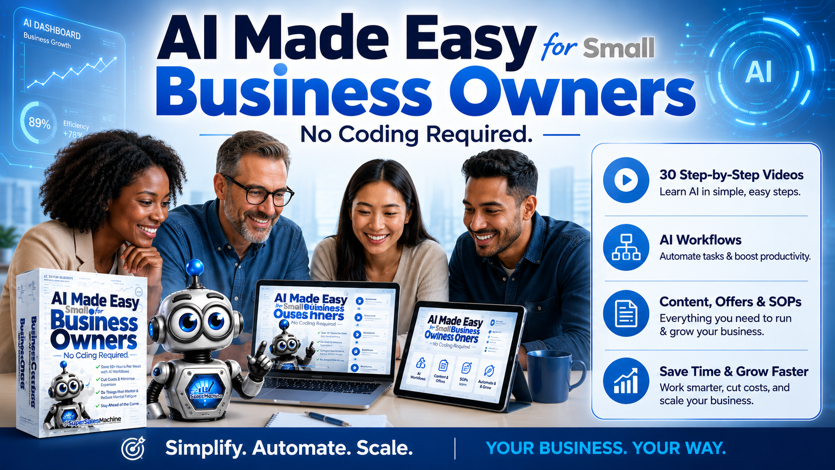 Small business owners reviewing AI Made Easy for Small Business Owners with AI dashboards, workflows, and productivity tools